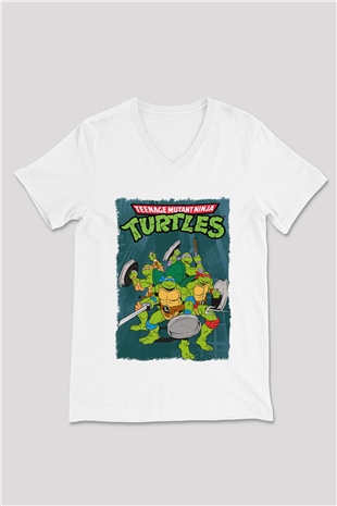 Teenage Mutant Ninja Turtles Ninja Kaplumbağalar Beyaz Unisex V Yaka Tişört