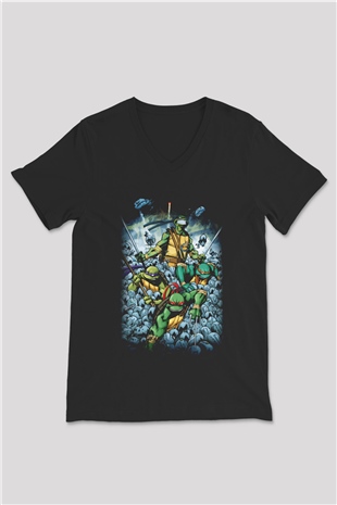 Teenage Mutant Ninja Turtles Ninja Kaplumbağalar Siyah Unisex V Yaka Tişört