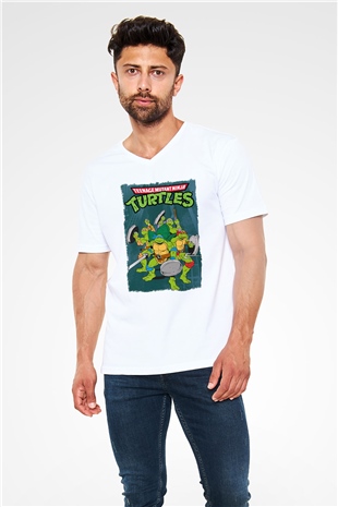 Teenage Mutant Ninja Turtles Ninja Kaplumbağalar Beyaz Unisex V Yaka Tişört