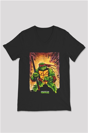 Teenage Mutant Ninja Turtles Ninja Kaplumbağalar Siyah Unisex V Yaka Tişört