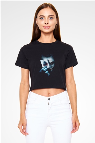 Tek Gözlü Joker Baskılı  Siyah  Crop Top Tişört