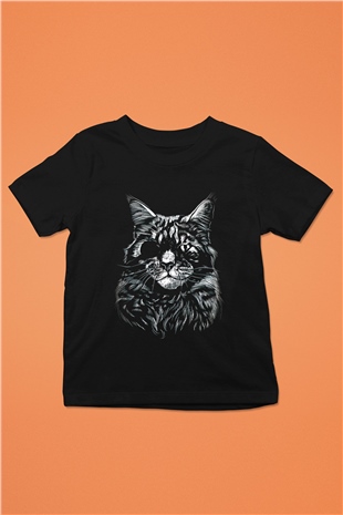 Tek Gözlü Kedi Baskılı Unisex Siyah  Çocuk Tişört