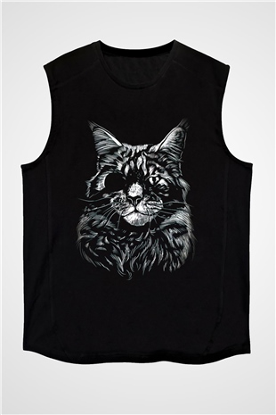 Tek Gözlü Kedi Baskılı Unisex Siyah  Kolsuz Tişört