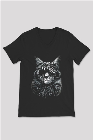 Tek Gözlü Kedi Baskılı Unisex Siyah  V Yaka Tişört