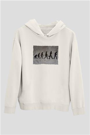 Telefona Evrim Baskılı Unisex Ekru Hoodie