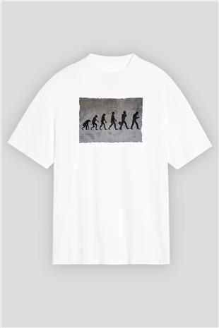 Telefona Evrim Baskılı Unisex Oversize Beyaz Tişört - Tshirt