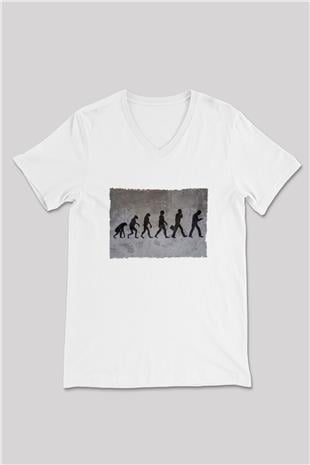 Telefona Evrim Baskılı Unisex V Yaka Beyaz Tişört - Tshirt