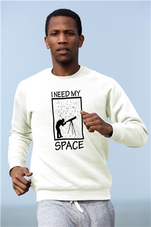 Teleskop Astronomi Baskılı Unisex Ekru Sweatshirt