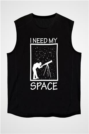 Teleskop Astronomi Baskılı Unisex Kolsuz Siyah Tişört - Tshirt
