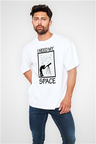 Teleskop Astronomi Baskılı Unisex Oversize Beyaz Tişört - Tshirt