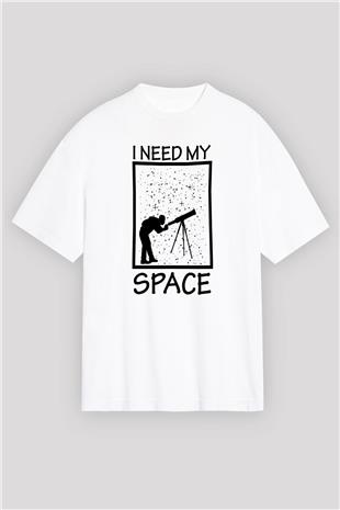 Teleskop Astronomi Baskılı Unisex Oversize Beyaz Tişört - Tshirt