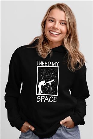 Teleskop Astronomi Baskılı Unisex Siyah Kapüşonlu Sweatshirt