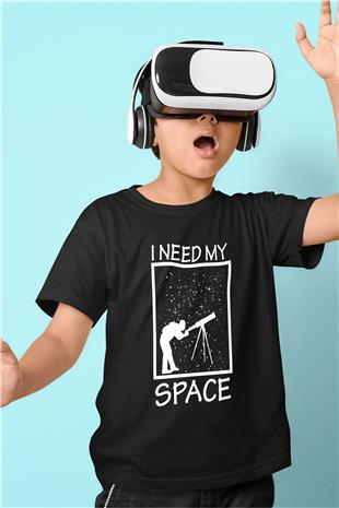 Teleskop Astronomi Baskılı Unisex Siyah Çocuk Tişörtü - Tshirt