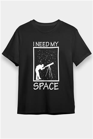 Teleskop Astronomi Baskılı Unisex Siyah Tişört - Tshirt