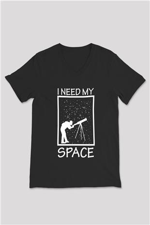 Teleskop Astronomi Baskılı Unisex V Yaka Siyah Tİşört - Tshirt
