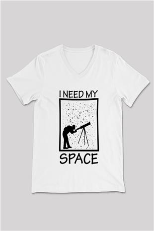 Teleskop Astronomi Baskılı Unisex V Yaka Beyaz Tişört - Tshirt