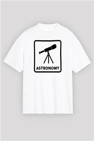 Teleskop Baskılı Unisex Oversize Beyaz Tişört - Tshirt