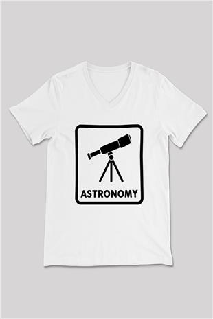 Teleskop Baskılı Unisex V Yaka Beyaz Tişört - Tshirt