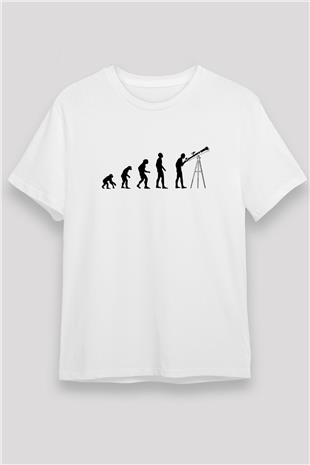 Teleskop Evrim Baskılı Unisex Beyaz Tişört - Tshirt
