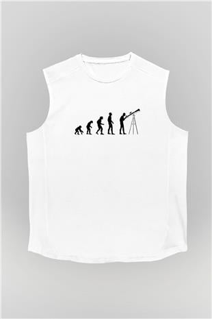 Teleskop Evrim Baskılı Unisex Kolsuz Beyaz Tişört - Tshirt