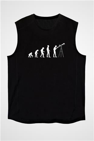 Teleskop Evrim Baskılı Unisex Kolsuz Siyah Tişört - Tshirt
