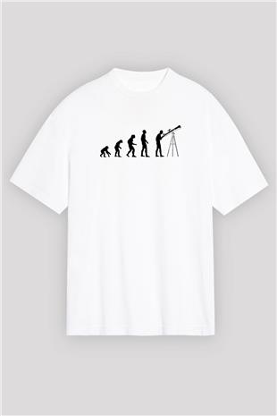 Teleskop Evrim Baskılı Unisex Oversize Beyaz Tişört - Tshirt