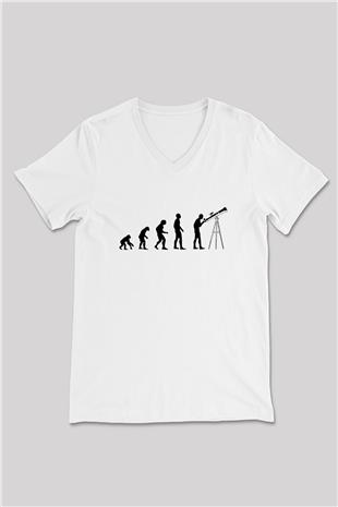 Teleskop Evrim Baskılı Unisex V Yaka Beyaz Tişört - Tshirt