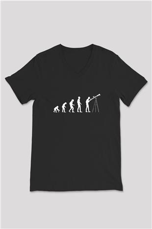 Teleskop Evrim Baskılı Unisex V Yaka Siyah Tİşört - Tshirt