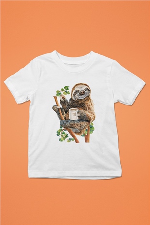 Tembel Hayvan Baskılı Unisex Beyaz  Çocuk Tişört