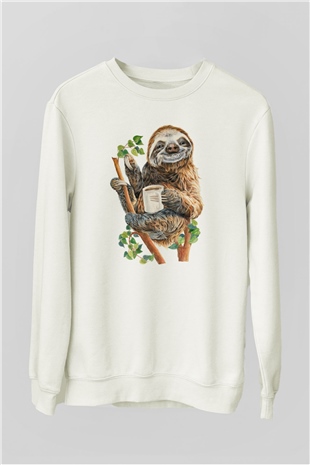 Tembel Hayvan Baskılı Unisex Beyaz  Sweatshirt