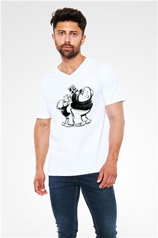 Temel Reis ve Kaba Sakal Baskılı Unisex Beyaz  V Yaka Tişört