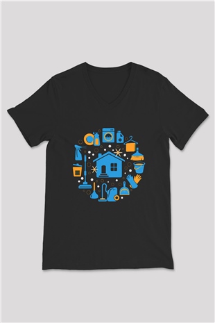 Temizlik Hizmeti Siyah Unisex V Yaka Tişört T-Shirt