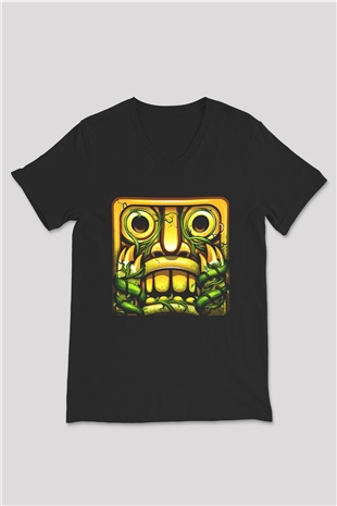 Temple Run Siyah Unisex V Yaka Tişört