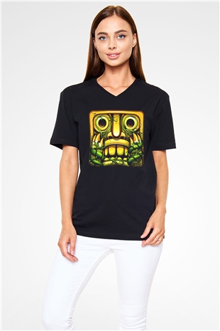 Temple Run Siyah Unisex V Yaka Tişört