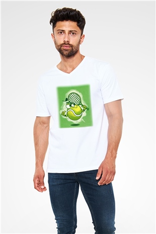 Tenis Beyaz Unisex V Yaka Tişört T-Shirt
