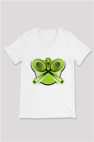 Tenis Beyaz Unisex V Yaka Tişört T-Shirt
