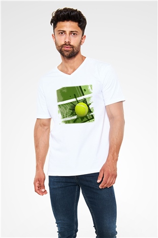 Tenis Beyaz Unisex V Yaka Tişört T-Shirt