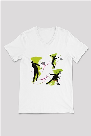Tenis Beyaz Unisex V Yaka Tişört T-Shirt