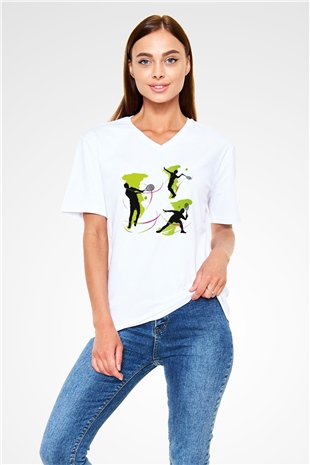 Tenis Beyaz Unisex V Yaka Tişört T-Shirt
