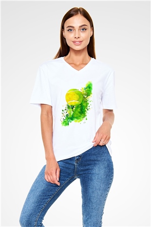 Tenis Beyaz Unisex V Yaka Tişört T-Shirt