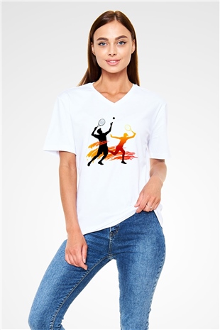 Tenis Beyaz Unisex V Yaka Tişört T-Shirt