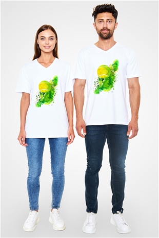 Tenis Beyaz Unisex V Yaka Tişört T-Shirt