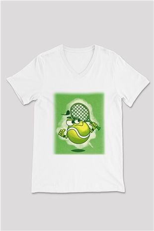 Tenis Beyaz Unisex V Yaka Tişört T-Shirt