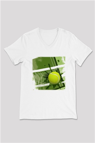 Tenis Beyaz Unisex V Yaka Tişört T-Shirt