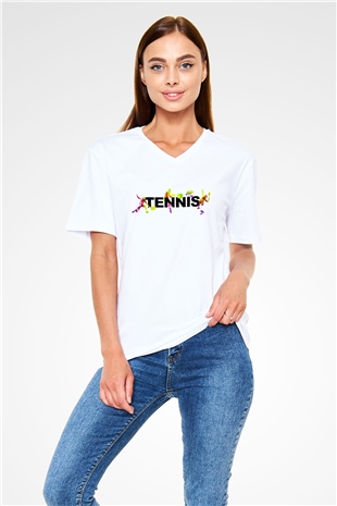 Tenis Beyaz Unisex V Yaka Tişört T-Shirt