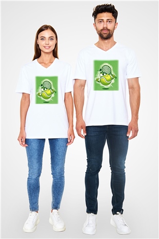 Tenis Beyaz Unisex V Yaka Tişört T-Shirt