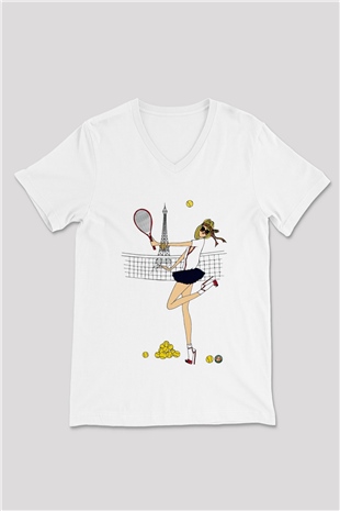 Tenis Beyaz Unisex V Yaka Tişört T-Shirt