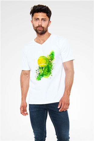 Tenis Beyaz Unisex V Yaka Tişört T-Shirt