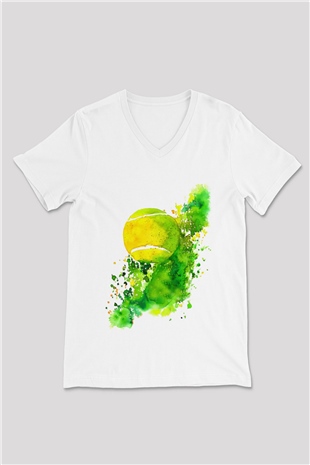 Tenis Beyaz Unisex V Yaka Tişört T-Shirt
