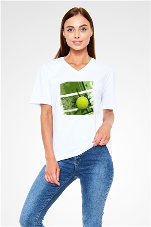Tenis Beyaz Unisex V Yaka Tişört T-Shirt